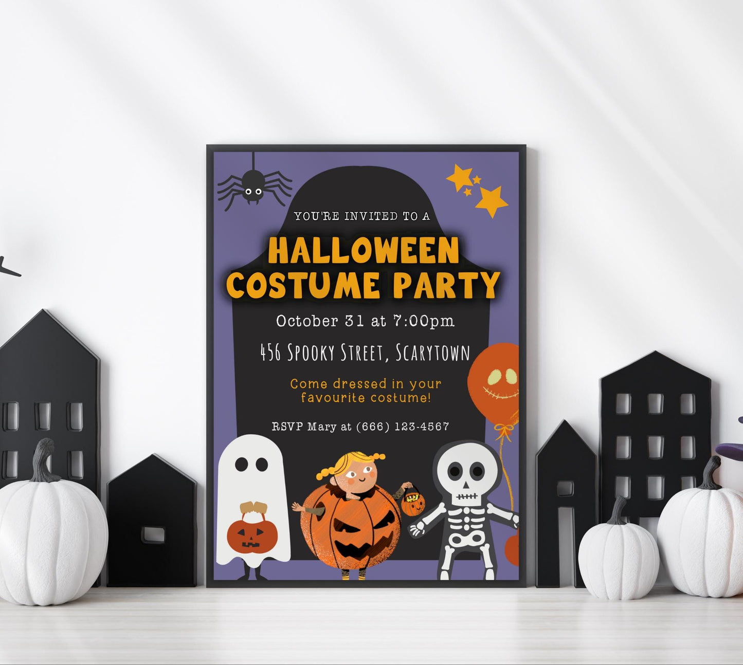 Halloween Kids Party Invitation, Trick or Treat Party Invite, Costume Party Invite, Black Orange Invitation, DIY Editable Digital Download