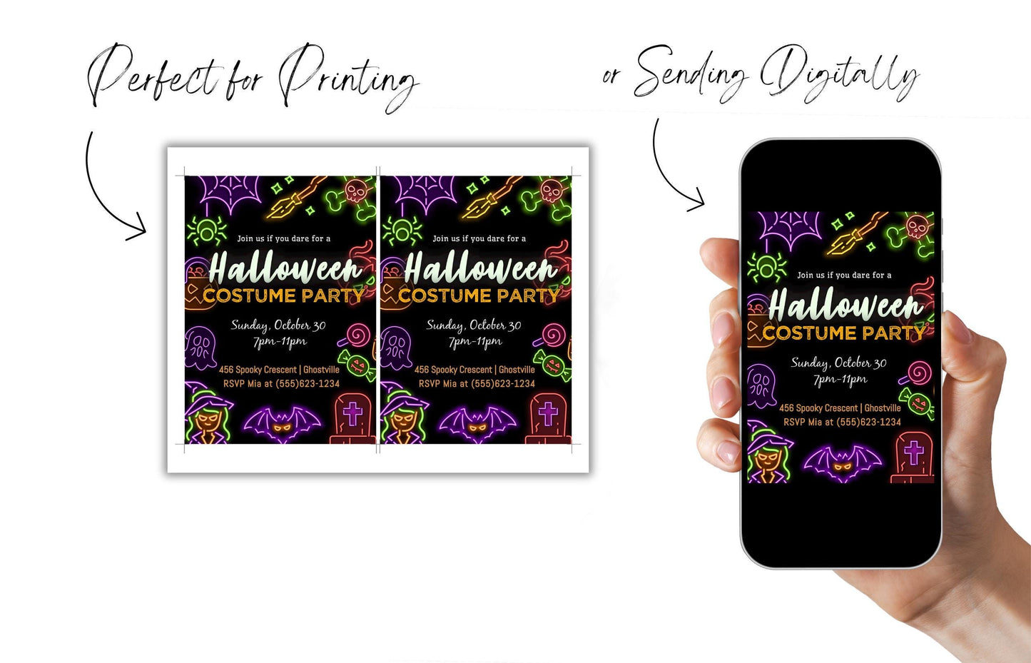 Halloween Party Invitation, Neon Halloween Trick or Treat Party Invite, Costume or Birthday Party Invite, DIY Editable Printable Template