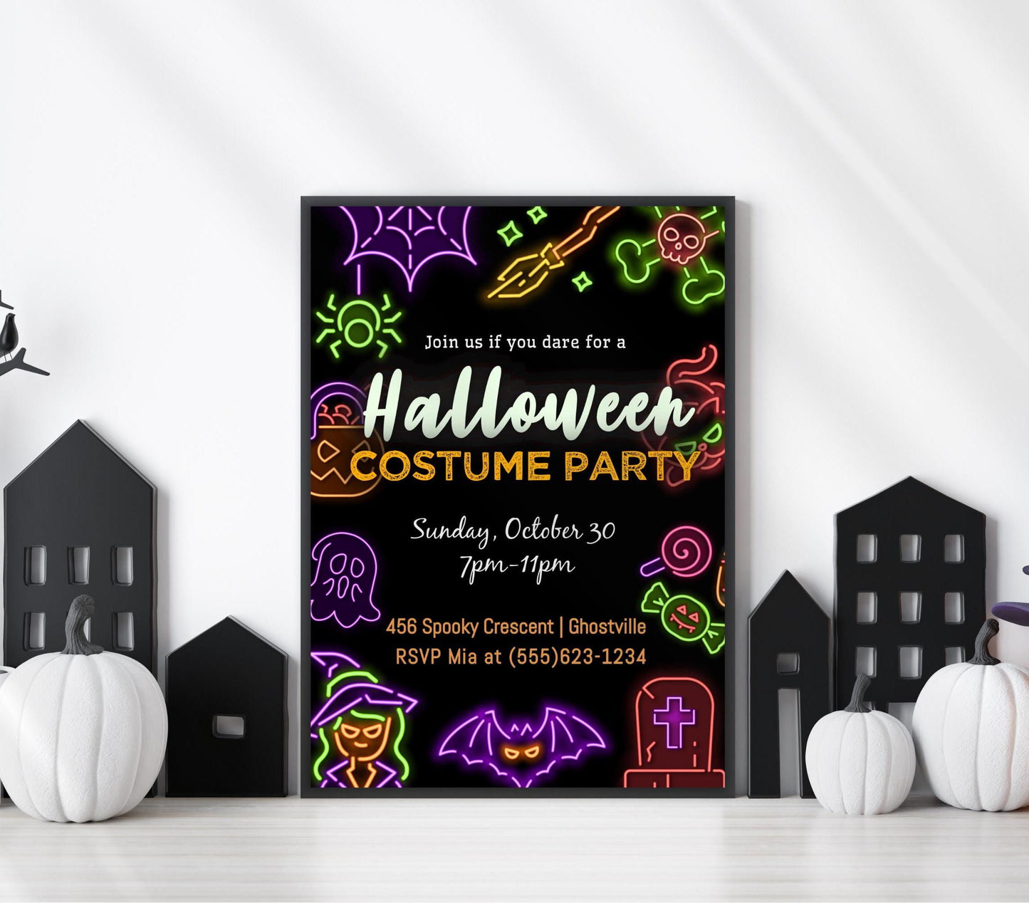 Halloween Party Invitation, Neon Halloween Trick or Treat Party Invite, Costume or Birthday Party Invite, DIY Editable Printable Template