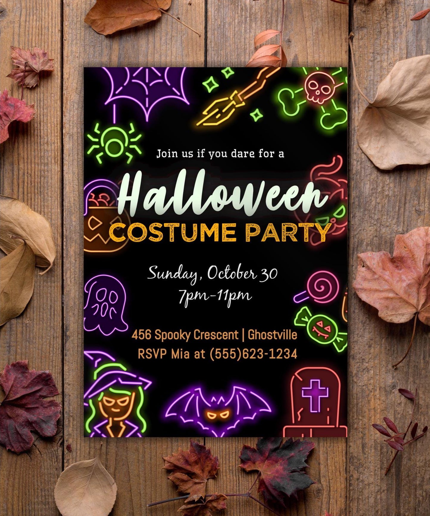 Halloween Party Invitation, Neon Halloween Trick or Treat Party Invite, Costume or Birthday Party Invite, DIY Editable Printable Template