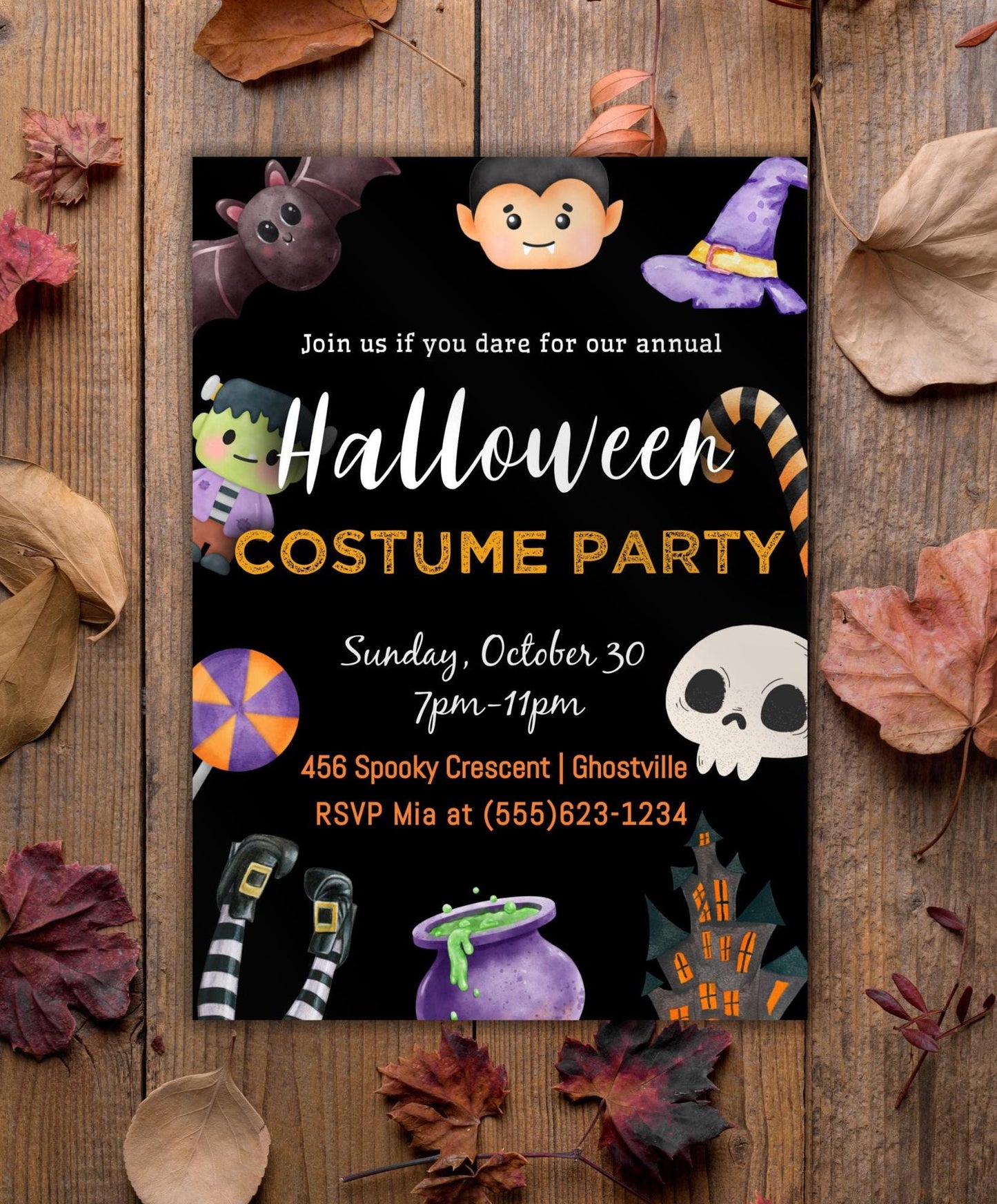 Halloween Party Invitation, Trick or Treat Party Invite, Costume or Birthday Party Invite, DIY Editable Printable Template, Digital Download