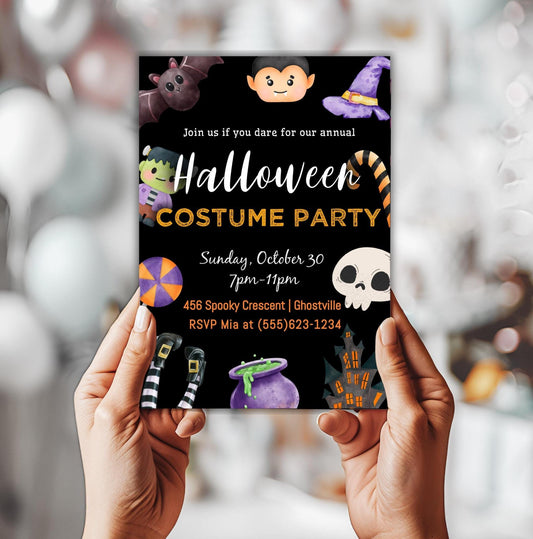 Halloween Party Invitation, Trick or Treat Party Invite, Costume or Birthday Party Invite, DIY Editable Printable Template, Digital Download