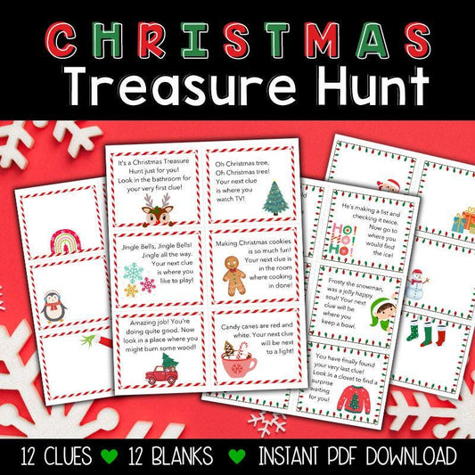 Christmas Treasure Hunt for kids, Kids Scavenger Hunt, Printable Treasure Hunt Cards, Holiday Scavenger Hunt Clues, Indoor Games for Kids.