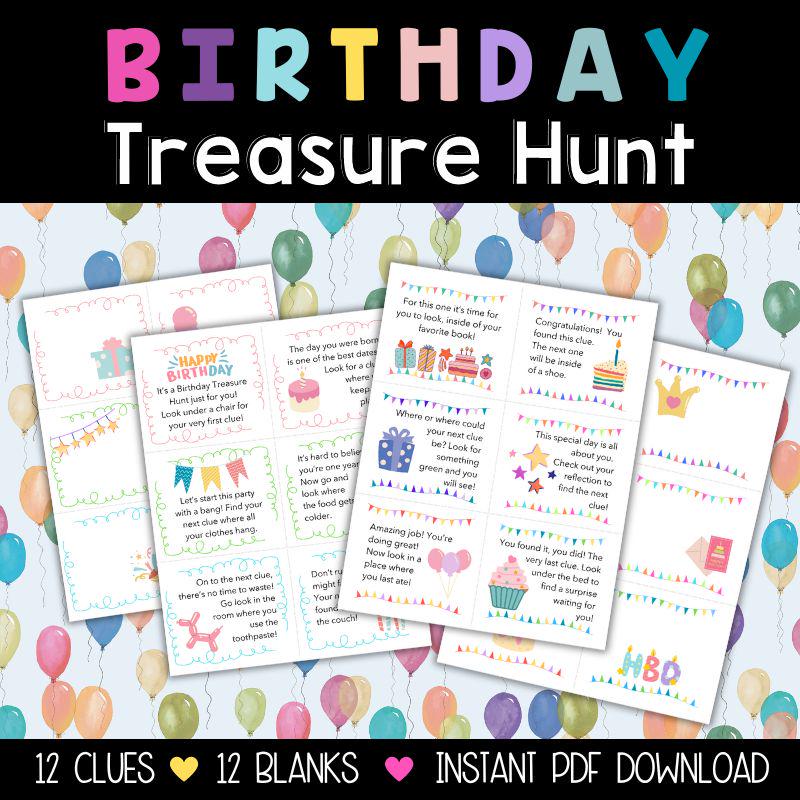 Birthday Treasure Hunt for kids, Child Scavenger Hunt, Printable Treasure Hunt Cards, Scavenger Hunt Clues, Indoor Fun Bday Games for Kids.