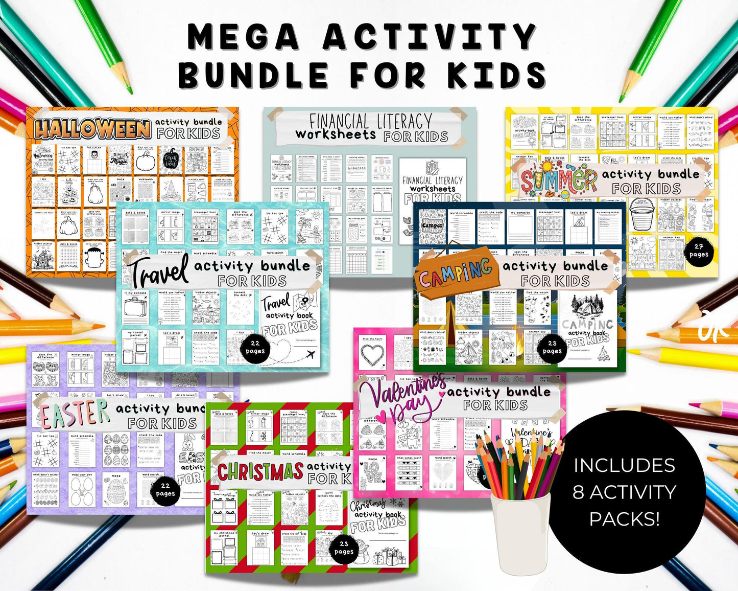 Mega Activity Bundle for Kids, 8 packs in one, Holiday Activities, Halloween Christmas Easter Financial Travel Valentines Day Camping Summer