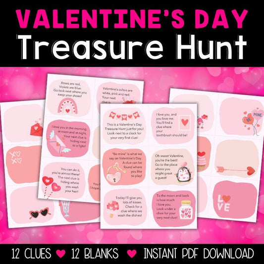 Valentine's Day Treasure Hunt for kids, Kids Scavenger Hunt, Printable Treasure Hunt Cards, Scavenger Hunt Clues, Indoor Games for Kids.