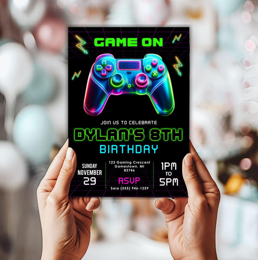 Video Game Birthday Invitation, Neon Gamer Party Invite, Kid Boy invitation, Editable Printable Template, DIY Invitation for Child Bday