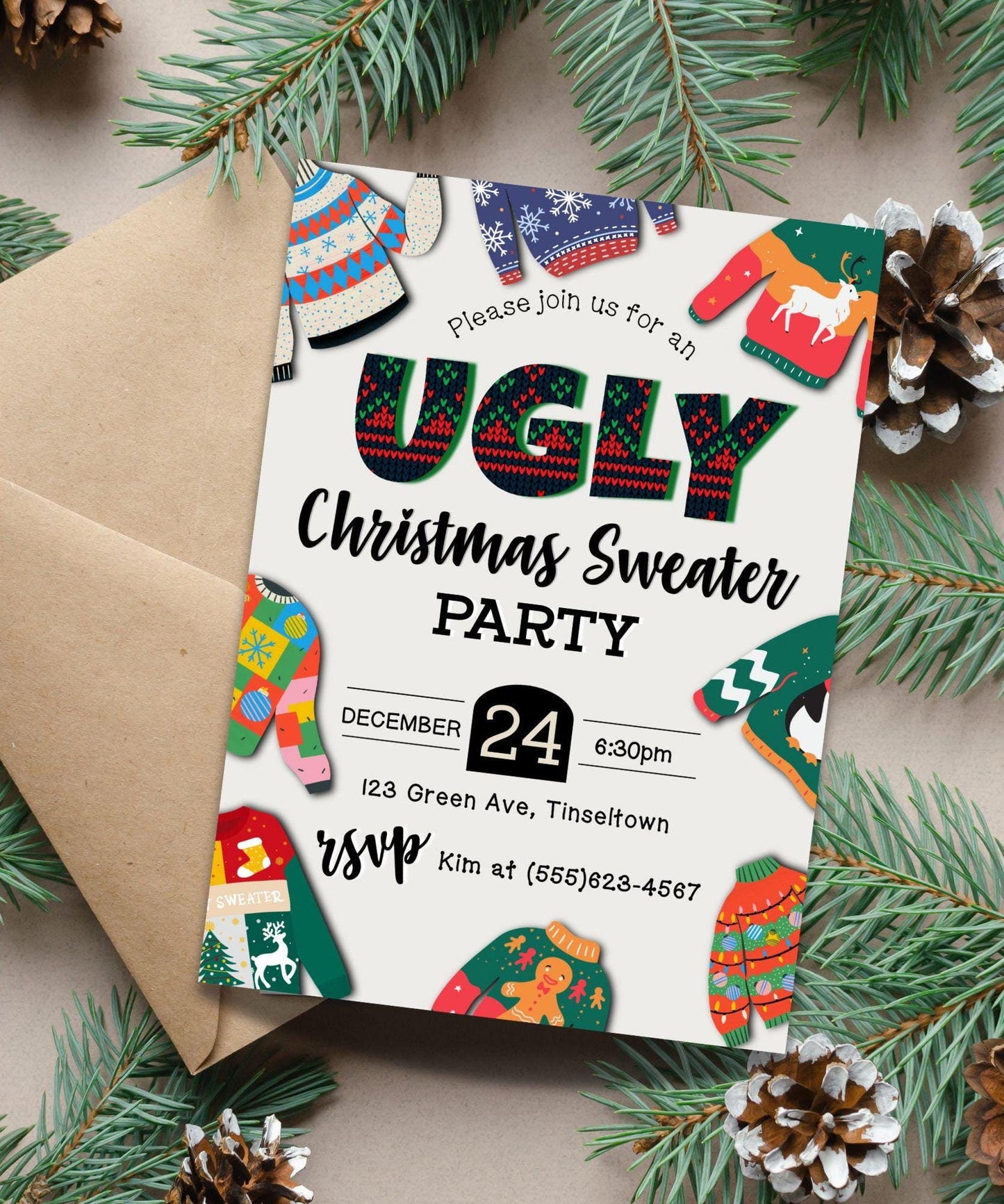 Editable Ugly Christmas Sweater Party Invitation, Silly Sweater Holiday Party Invitation, Christmas Party Invite, Printable DIY XMAS Invite