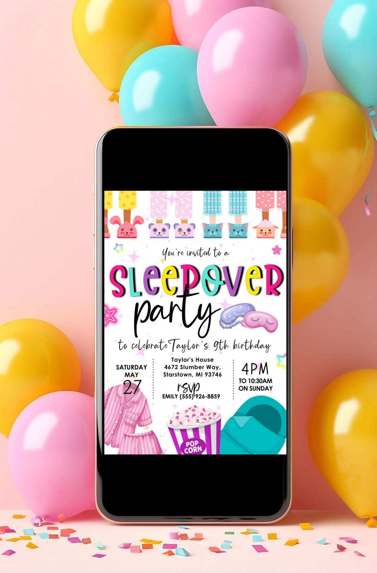 Sleepover Birthday Party Invitation, Pink Girl Slumber Party Birthday Invite, DIY Editable Printable Template, Spa Party Kids Tweens Teens