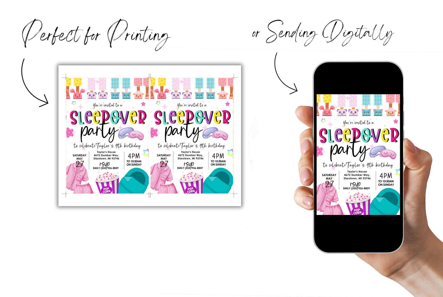 Sleepover Birthday Party Invitation, Pink Girl Slumber Party Birthday Invite, DIY Editable Printable Template, Spa Party Kids Tweens Teens