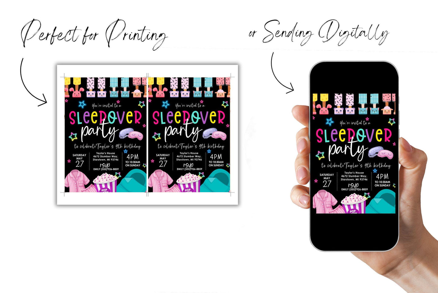 Editable Sleepover Birthday Party Invitation, Pink Girl Slumber Party Birthday Invite, Digital Download, Printable Template, Spa Tween Teen