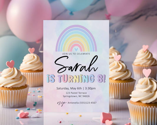 Editable Pastel Birthday Party Invitation, Girl Invitation, Pretty Spring Birthday Invite, Pastel Rainbow Invite,Printable Editable Template