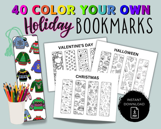 Printable Coloring Bookmarks, Holiday Themed Bookmark Coloring Pages for Kids or Adults, Kid Color Your Own Book Marks, DIYKids Activity