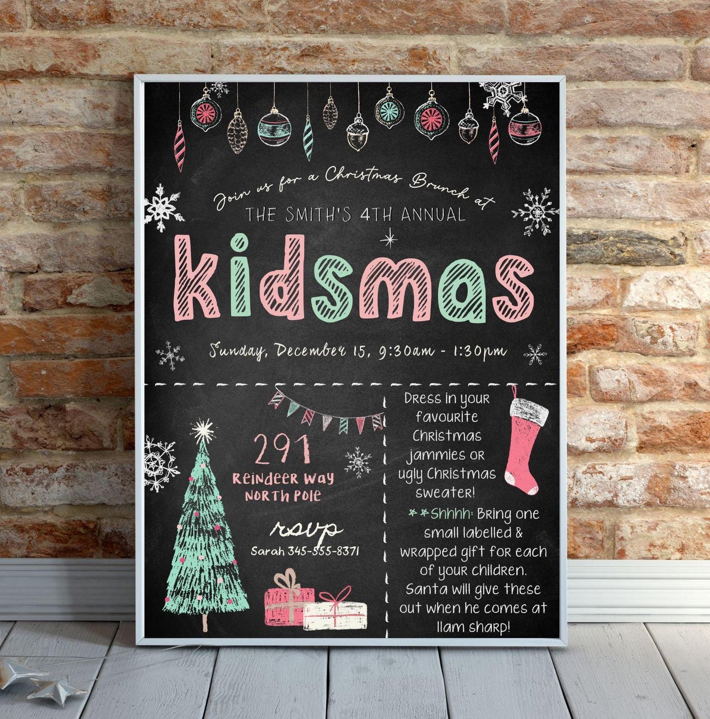 Christmas Party Invitation, Kids Holiday Party Chalkboard Invitation, Kidmas Invite, DIY Editable Printable XMAS,Santa Children Brunch Event