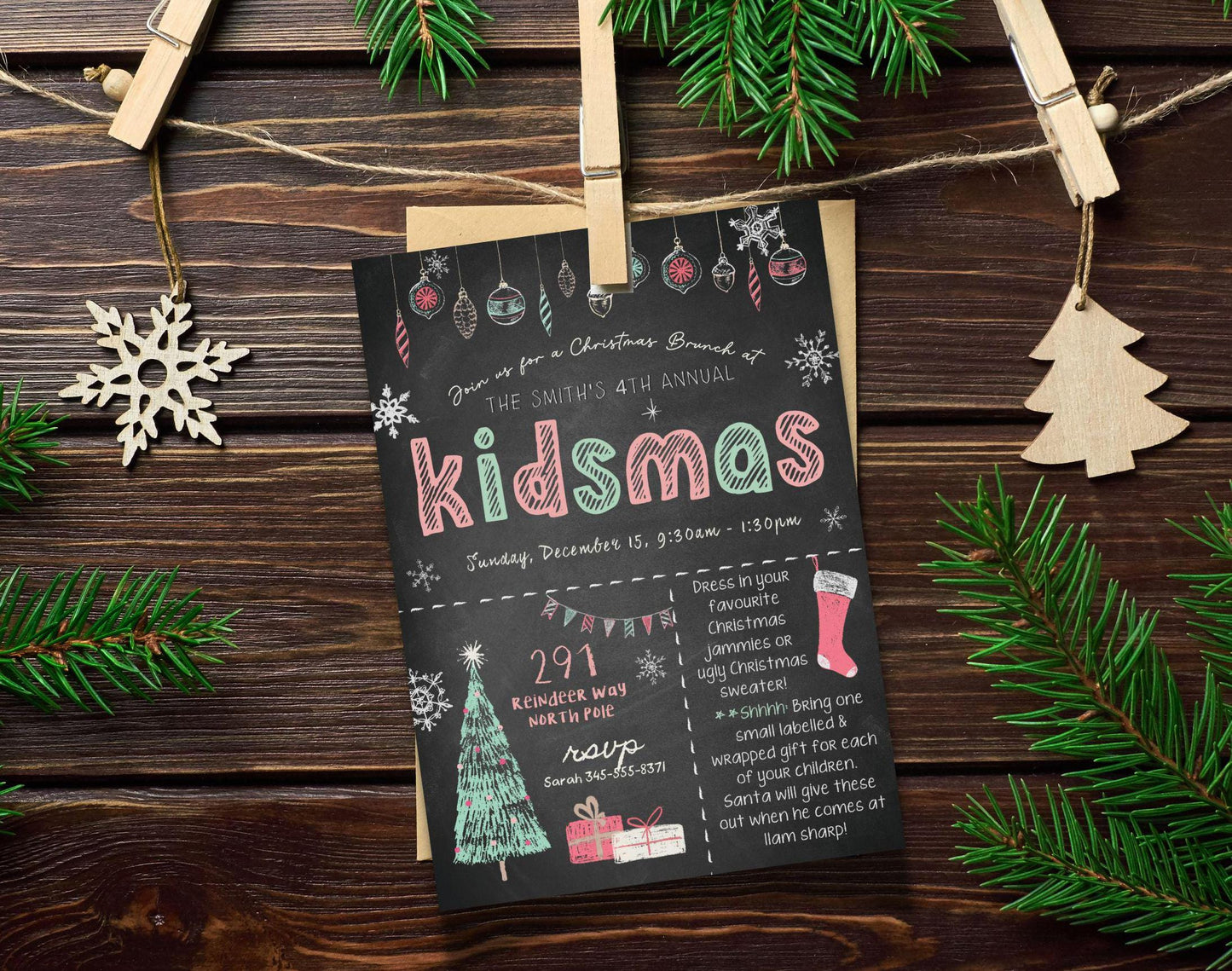 Christmas Party Invitation, Kids Holiday Party Chalkboard Invitation, Kidmas Invite, DIY Editable Printable XMAS,Santa Children Brunch Event