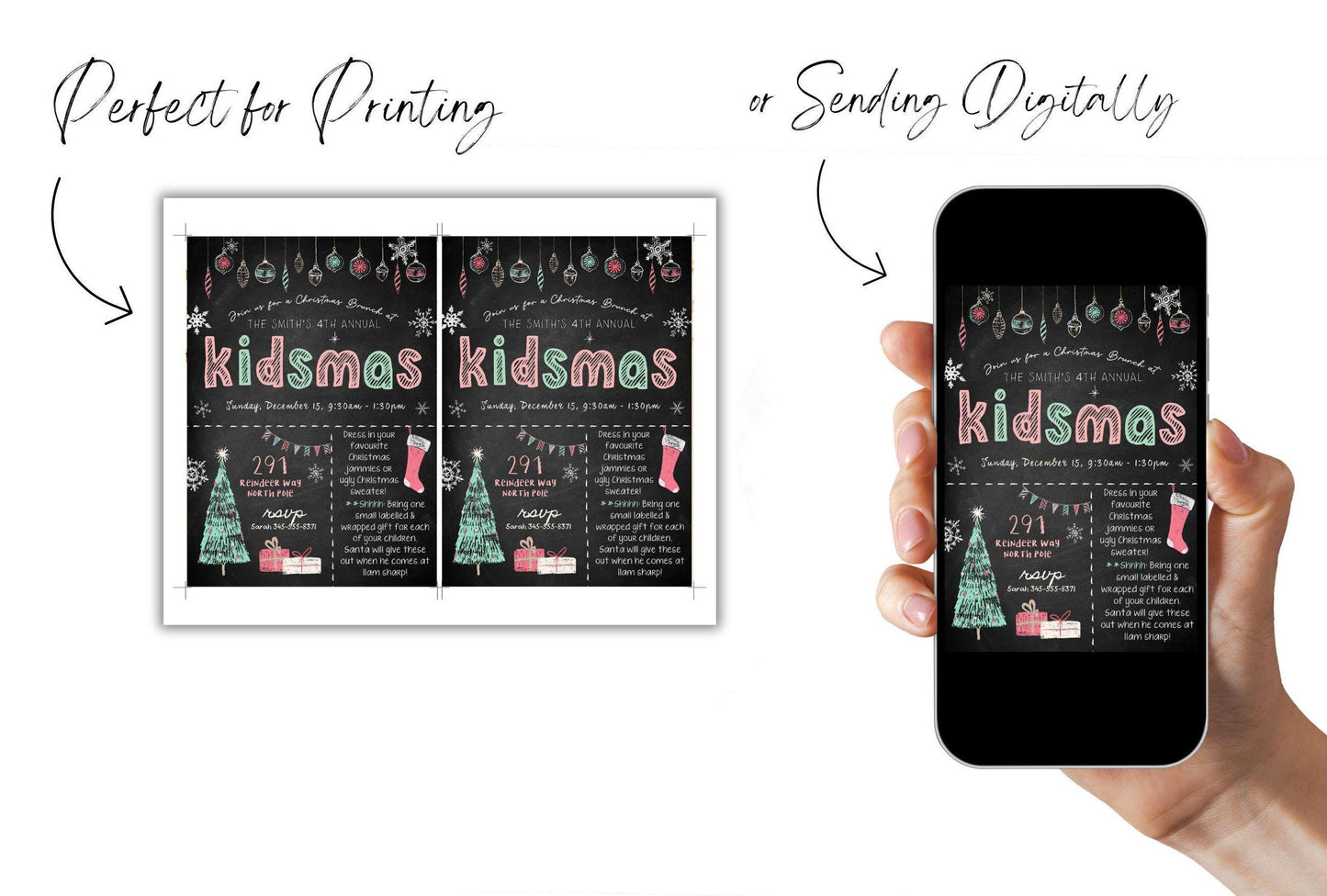 Christmas Party Invitation, Kids Holiday Party Chalkboard Invitation, Kidmas Invite, DIY Editable Printable XMAS,Santa Children Brunch Event