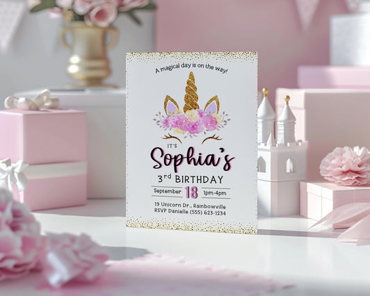 Unicorn Birthday Party Invitation, Little Girl Floral Unicorn Invite for Kids, Unicorn Bday Printable Editable Template, DIY Bday Celebrate