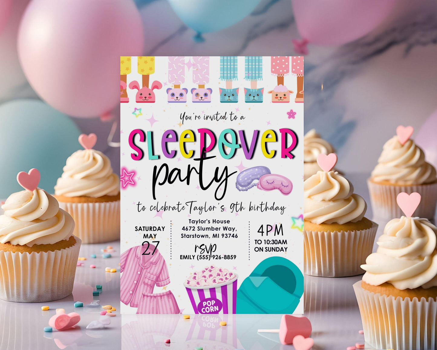 Sleepover Birthday Party Invitation, Pink Girl Slumber Party Birthday Invite, DIY Editable Printable Template, Spa Party Kids Tweens Teens