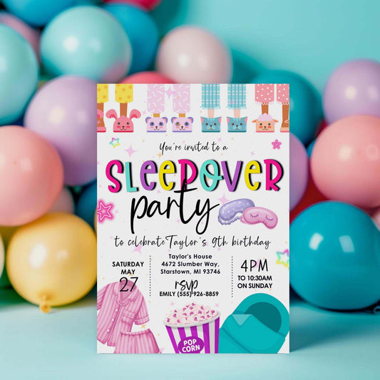 Sleepover Birthday Party Invitation, Pink Girl Slumber Party Birthday Invite, DIY Editable Printable Template, Spa Party Kids Tweens Teens