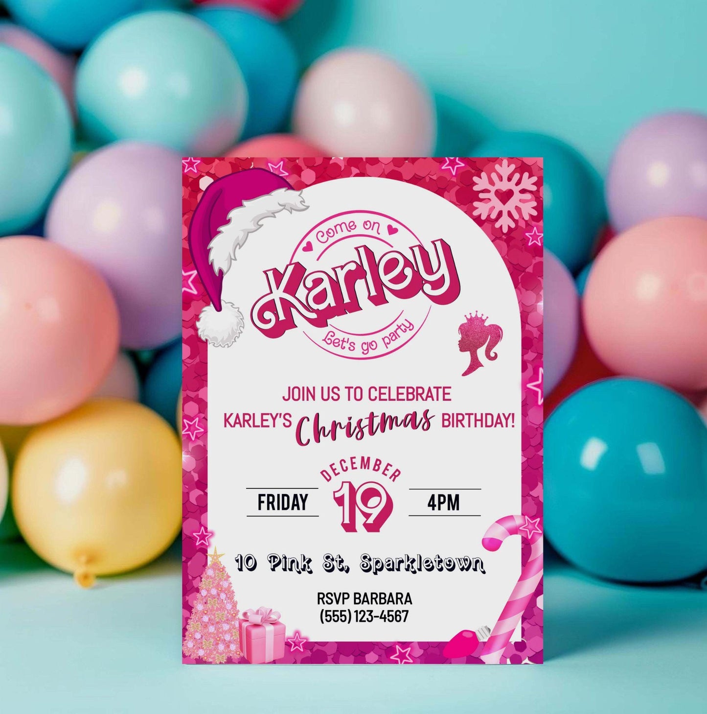 Pink Fashion Doll Christmas Birthday Party Invitation, Girl Invitation, Pink Sparkle Invite, Instant Digital Download, DIY Editable Template