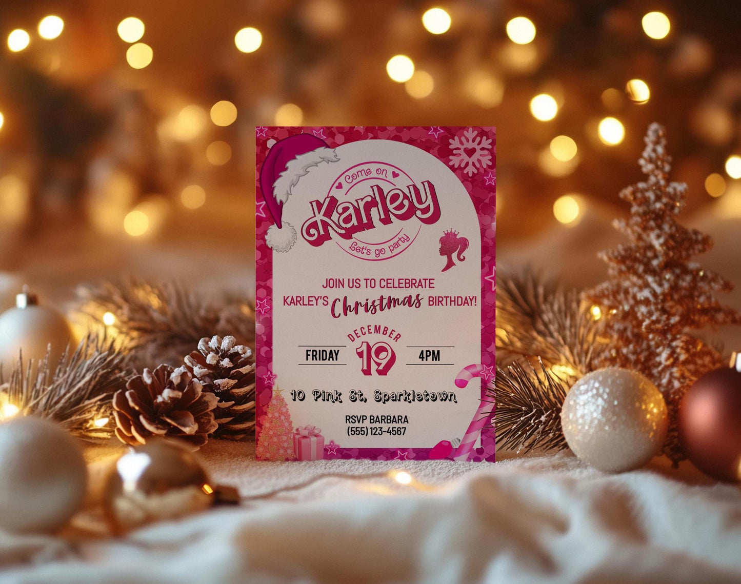 Pink Fashion Doll Christmas Birthday Party Invitation, Girl Invitation, Pink Sparkle Invite, Instant Digital Download, DIY Editable Template