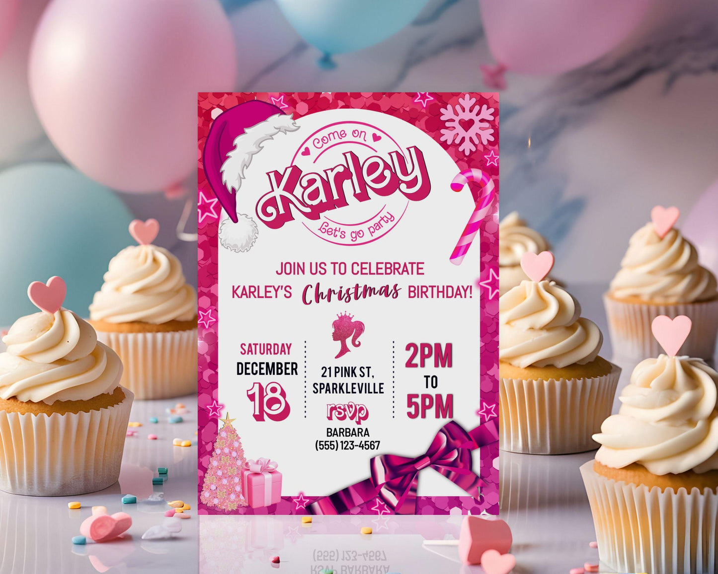 Pink Fashion Doll Christmas Birthday Party Invitation, Girl Invitation, Pink Sparkle Invite, Holiday Digital Download, DIY Editable Template