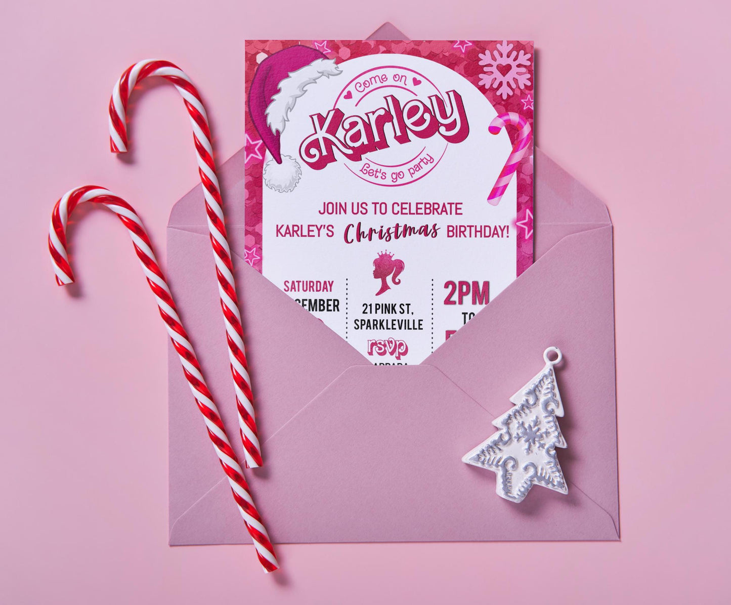 Pink Fashion Doll Christmas Birthday Party Invitation, Girl Invitation, Pink Sparkle Invite, Holiday Digital Download, DIY Editable Template