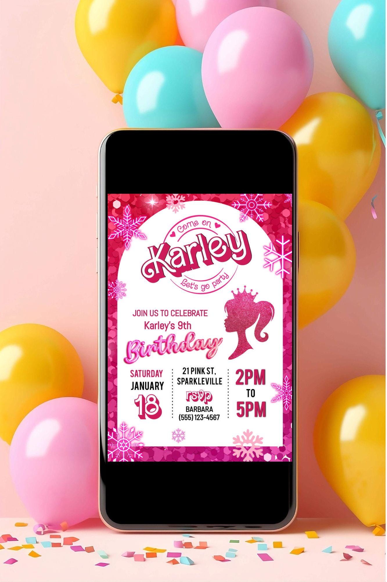 Pink Fashion Doll Winter Birthday Party Invitation, Girl Invitation, Pink Sparkle Invite, Instant Digital Download, DIY Editable Template