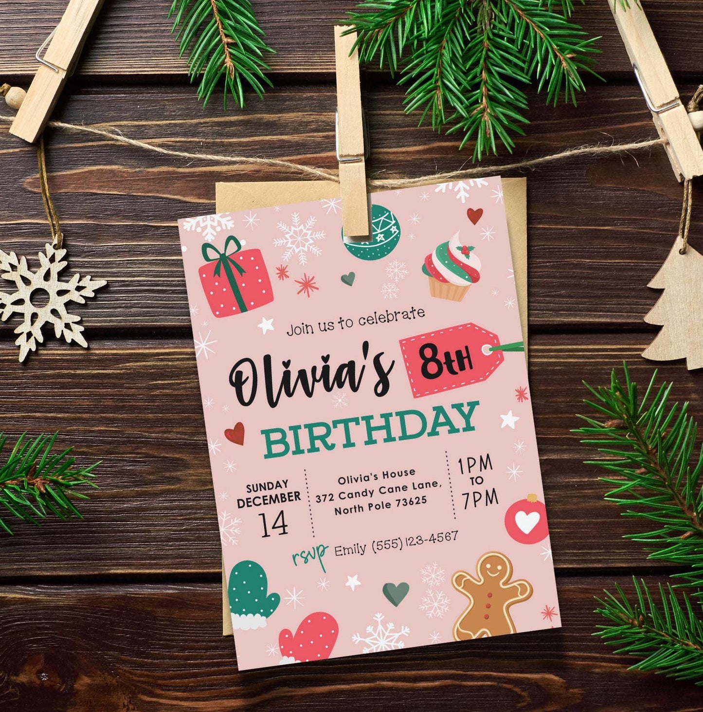 Christmas Birthday Party Invitation, Winter Holiday Girl Bday Invitation, Red Green Pink White Invite, Snowflake Evite,DIY Editable Template