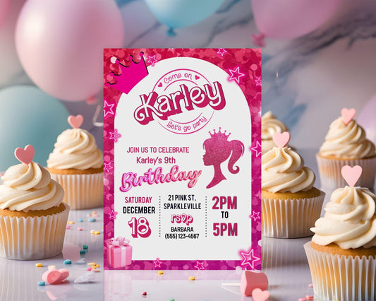 Pink Fashion Doll Birthday Party Invitation - Editable Template