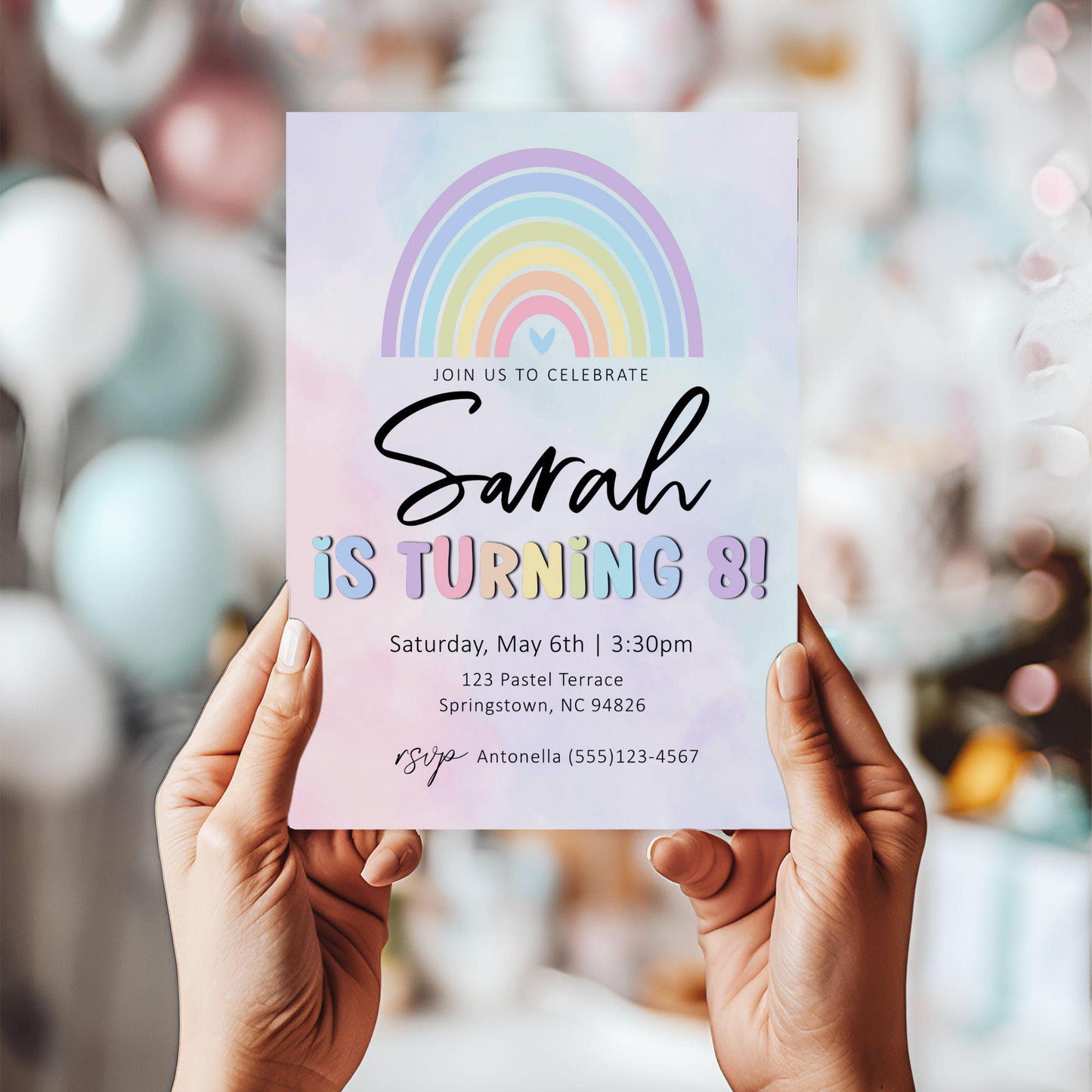 Editable Pastel Birthday Party Invitation, Girl Invitation, Pretty Spring Birthday Invite, Pastel Rainbow Invite,Printable Editable Template