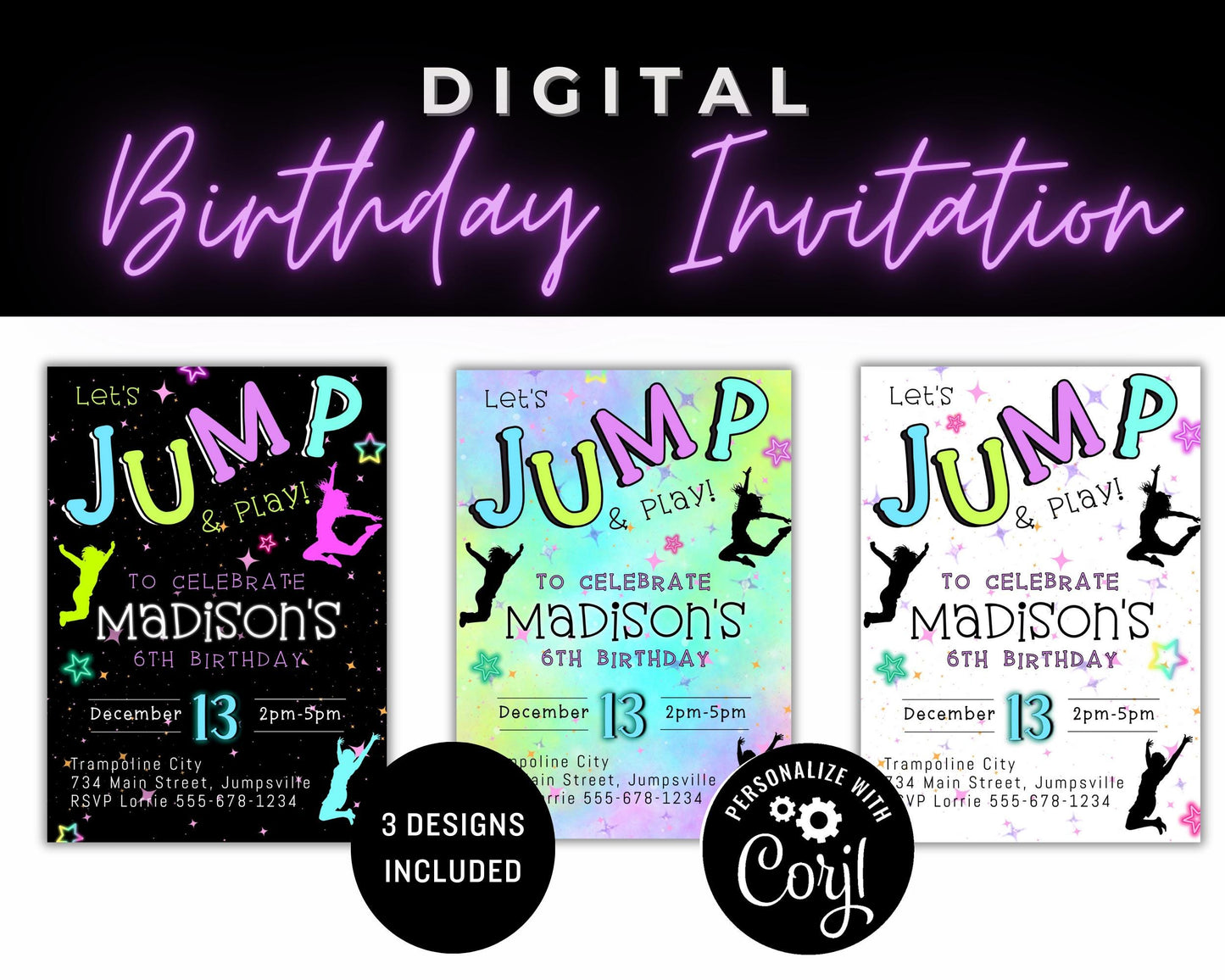 Jump Birthday Party Invitation, Trampoline Park Birthday invitation, Bounce Kids Invite, Girl Jump Party Invite, Printable Editable Template