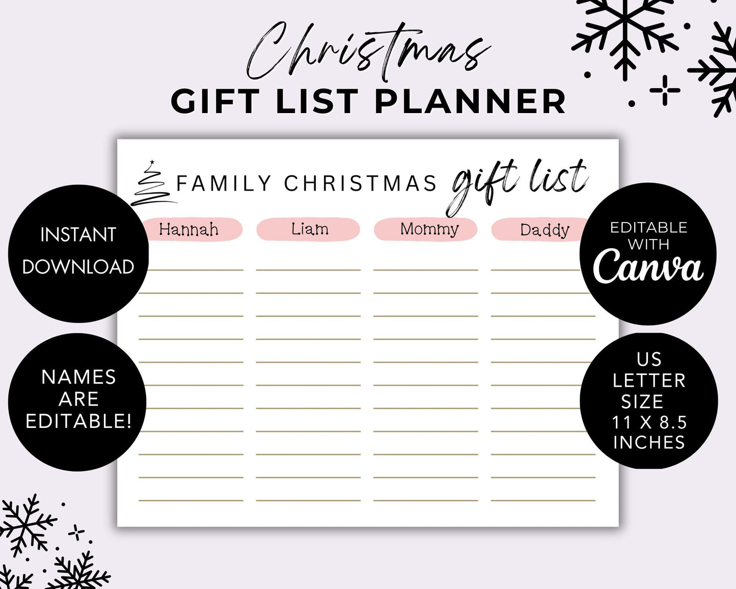 Christmas Wish List Tracker, Editable Gift List Planner, Holiday Wish List Template for Family & Friends, Personalized Printable Wishlist