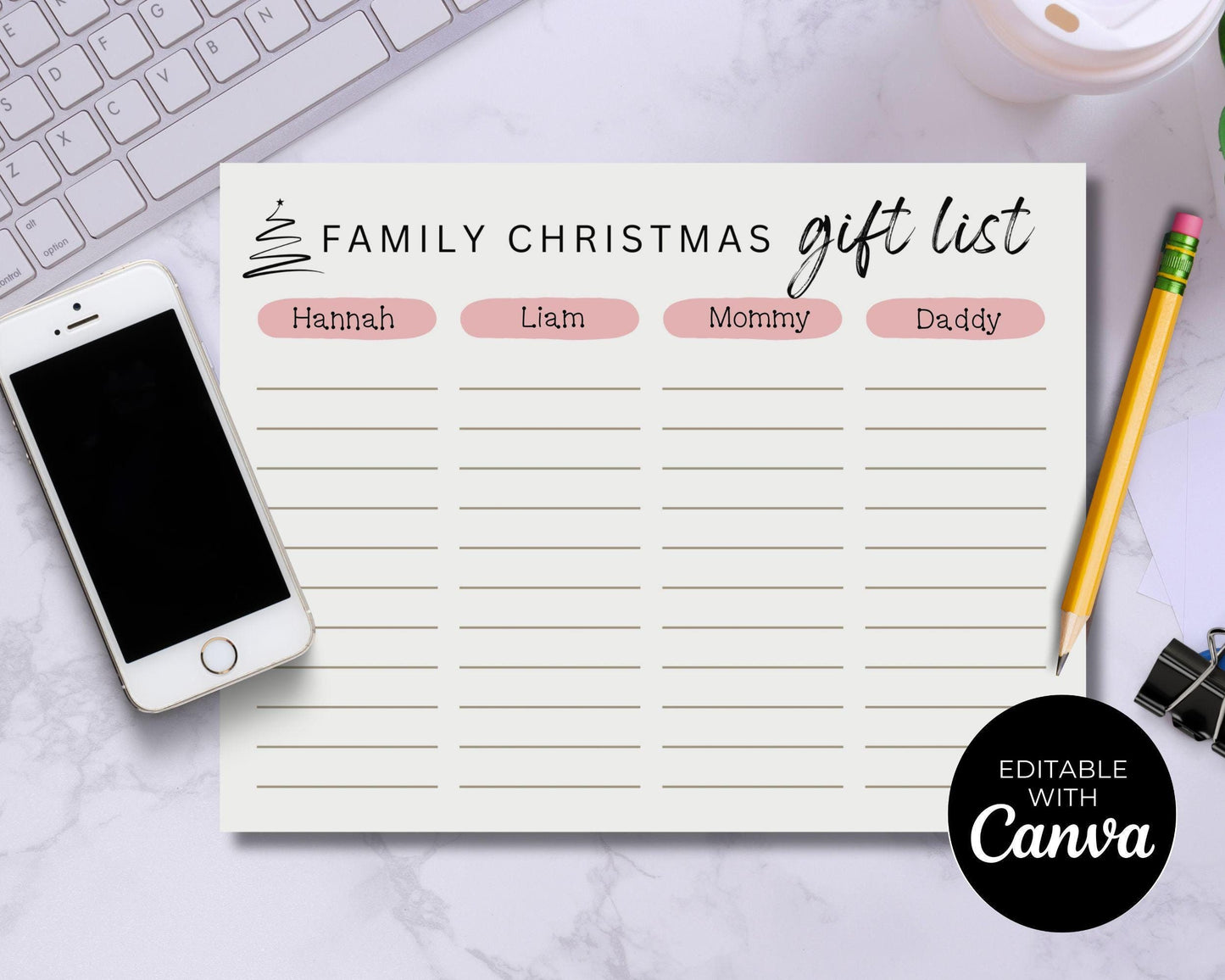 Christmas Wish List Tracker, Editable Gift List Planner, Holiday Wish List Template for Family & Friends, Personalized Printable Wishlist