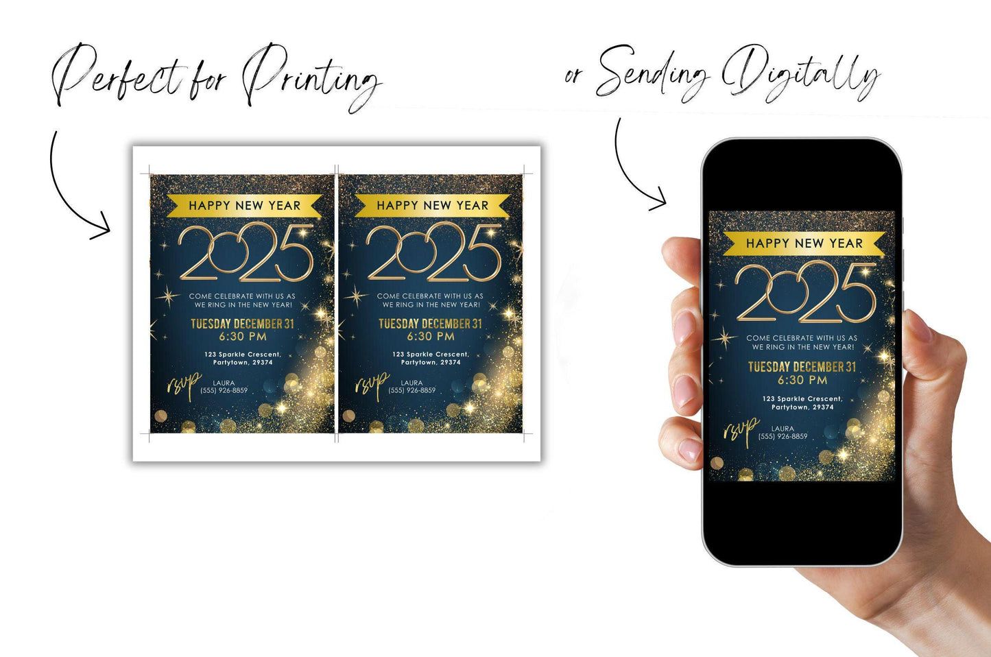 New Year's Eve Party Invitation, NYE Invitation, New Years Invite, DIY Editable Template, 2025 NY Celebration, Gold Glitter Party Invitation