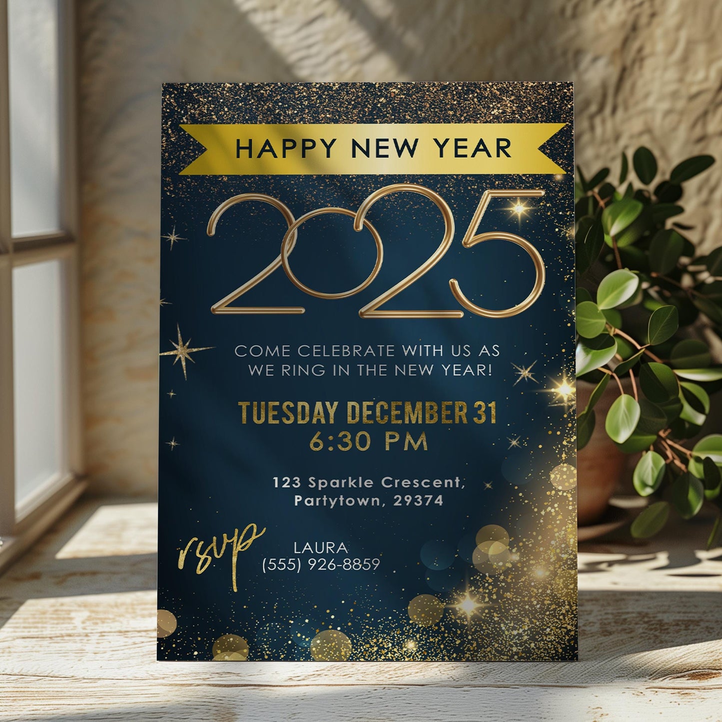 New Year's Eve Party Invitation, NYE Invitation, New Years Invite, DIY Editable Template, 2025 NY Celebration, Gold Glitter Party Invitation