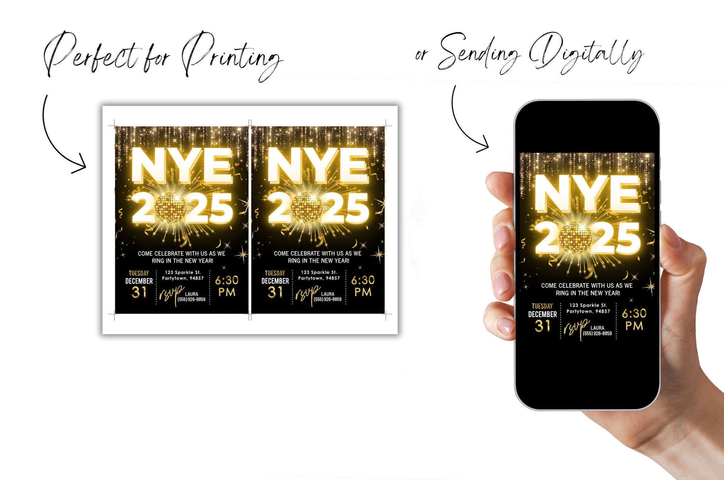 New Year's Eve Party Invitation, NYE Invitation, New Years Invite, DIY Editable 2025 Countdown Event Invite, Black and Gold Party Invitation