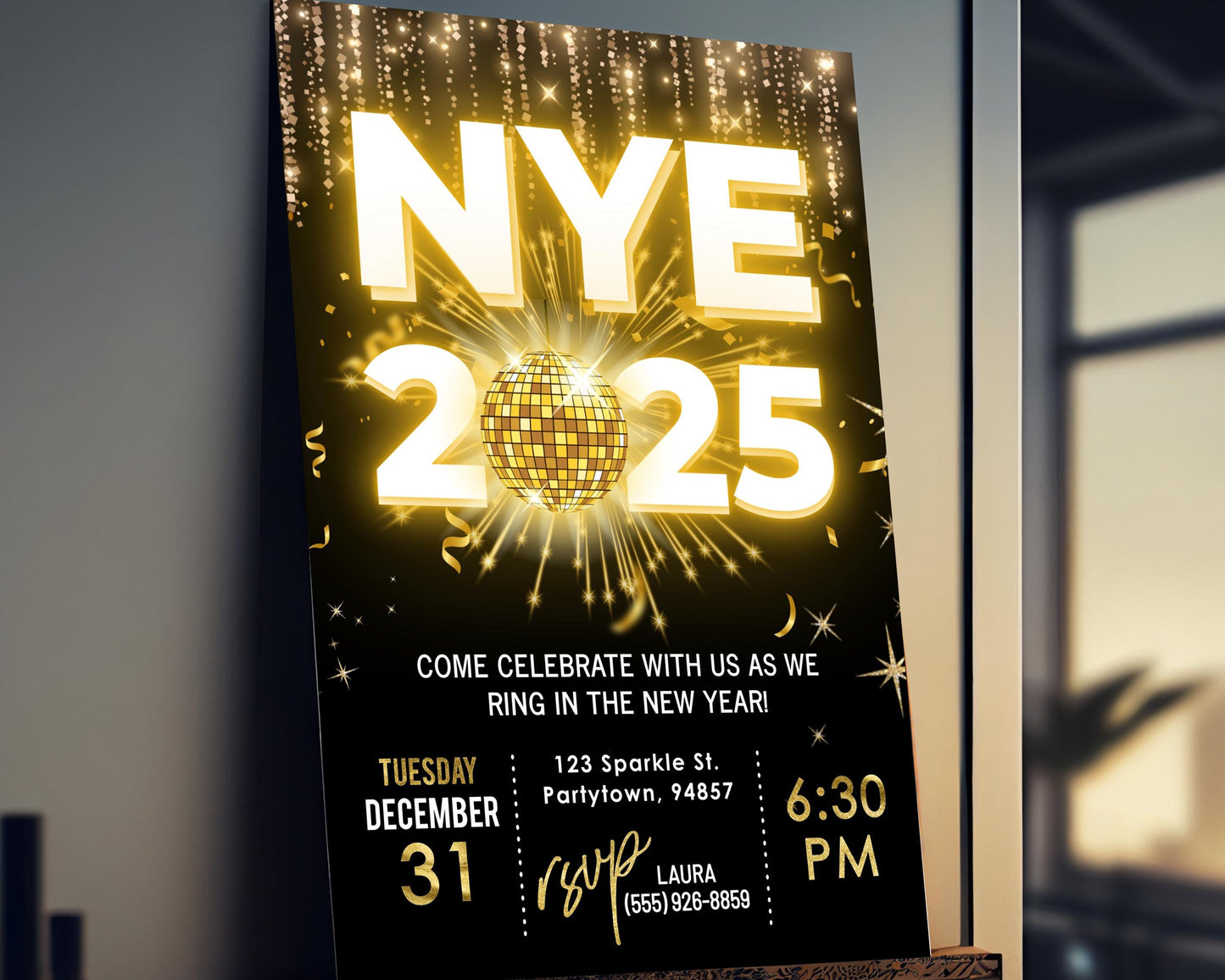 New Year's Eve Party Invitation, NYE Invitation, New Years Invite, DIY Editable 2025 Countdown Event Invite, Black and Gold Party Invitation