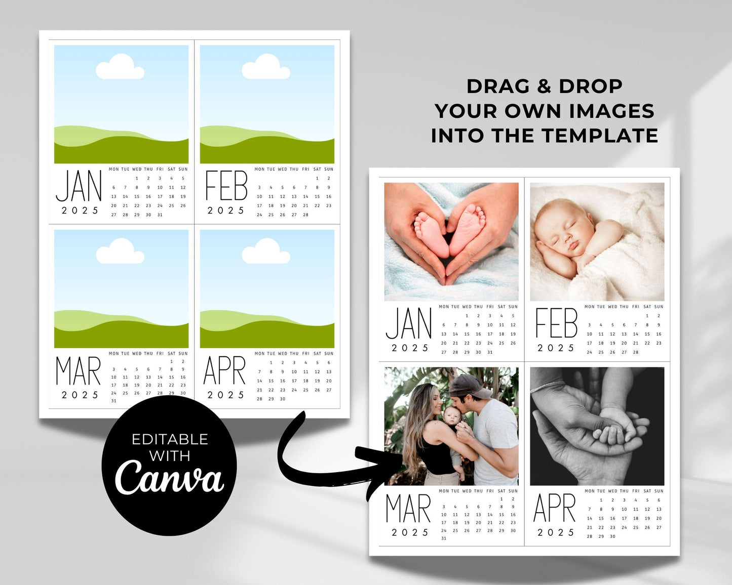 Editable 2025 Photo Calendar, Mini Monthly Calendar, Personalized Printable Christmas or Birthday Gift, Custom Monthly Picture Wall Calendar