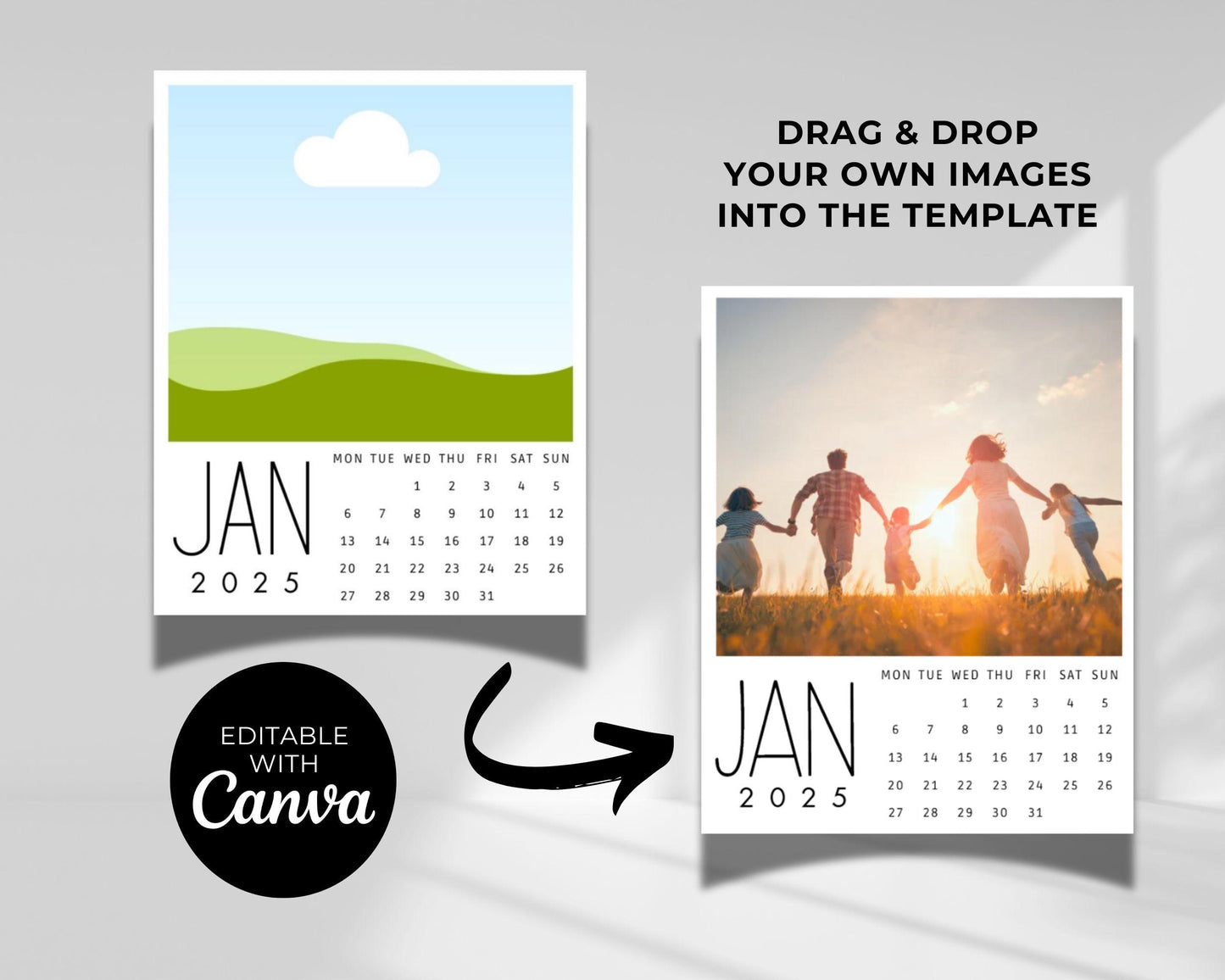 Editable 2025 Photo Calendar, Mini Monthly Calendar, Personalized Printable Christmas or Birthday Gift, Custom Monthly Picture Wall Calendar