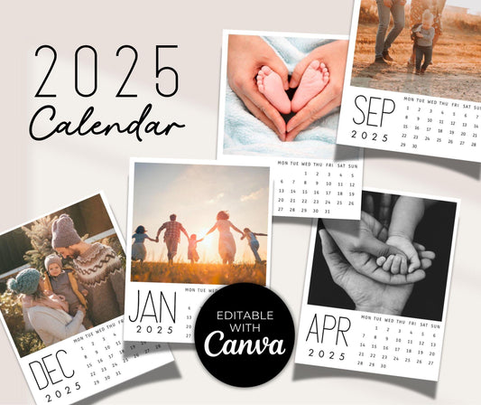 Editable 2025 Photo Calendar, Mini Monthly Calendar, Personalized Printable Christmas or Birthday Gift, Custom Monthly Picture Wall Calendar