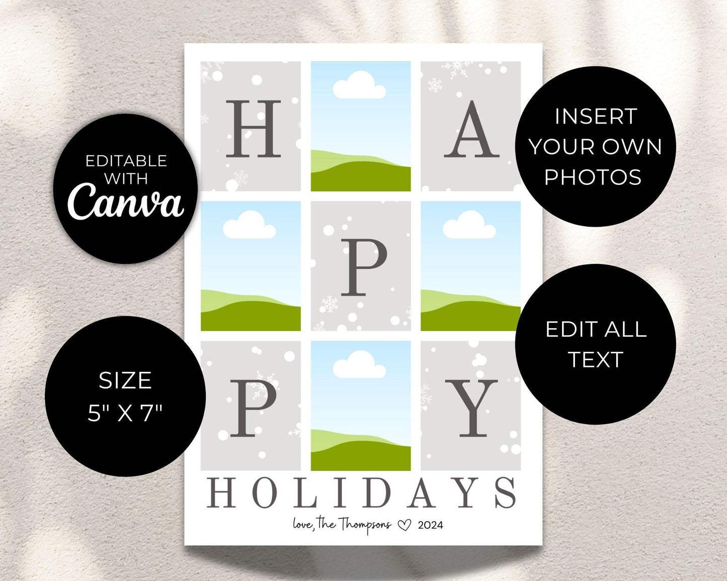 Photo Christmas Card, Customizable Merry Christmas Happy Holiday Card, Family Photos Greeting Card Digital Download, DIY Editable Template