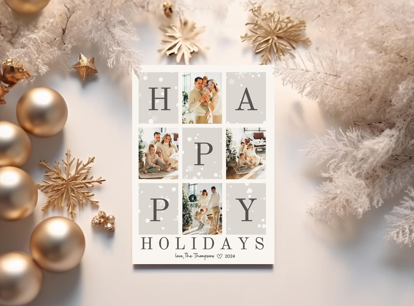 Photo Christmas Card, Customizable Merry Christmas Happy Holiday Card, Family Photos Greeting Card Digital Download, DIY Editable Template