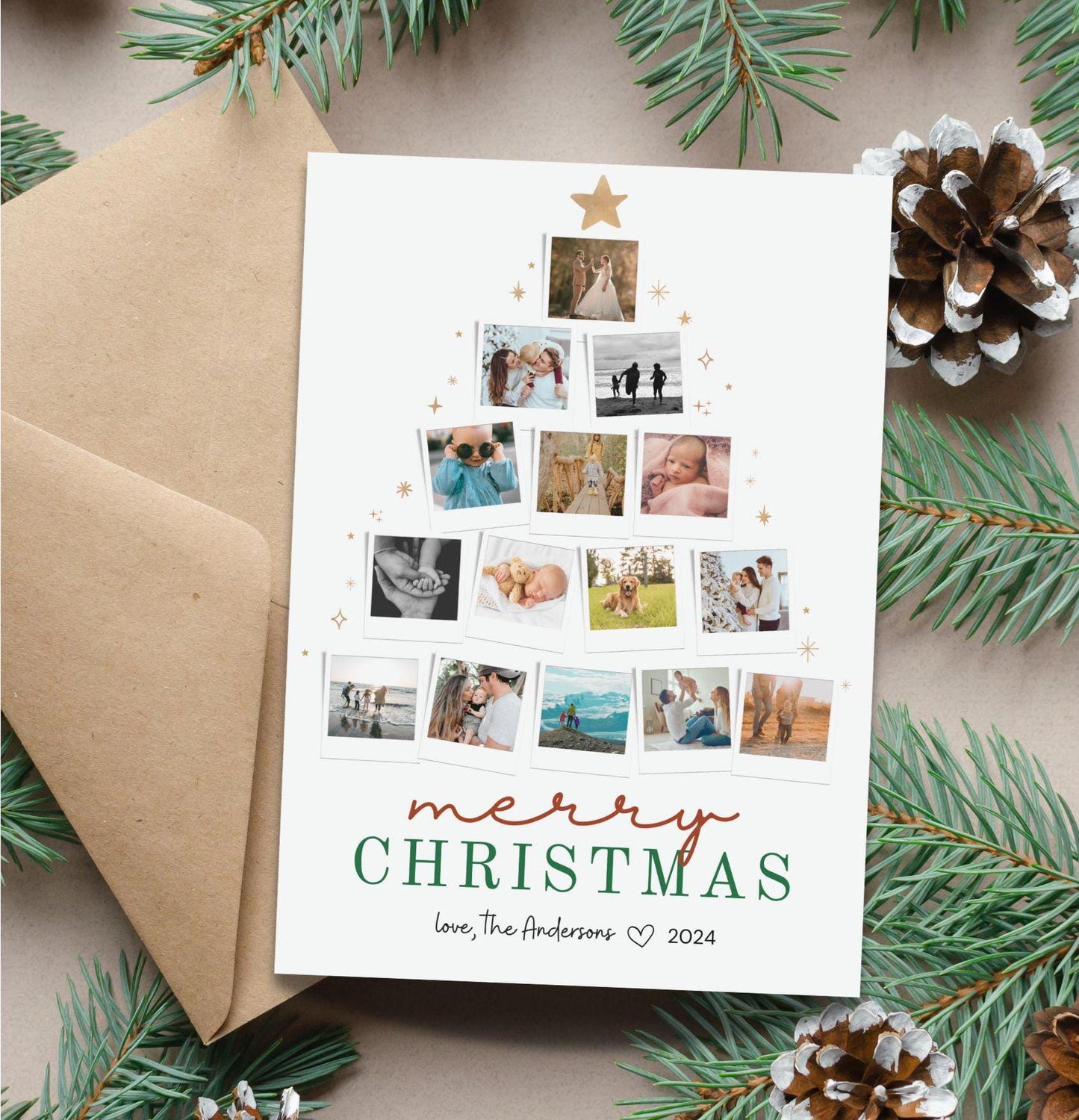 Photo Christmas Card, Custom Holiday Greeting Card, Christmas Tree Card, Family Photos Greeting Card Digital Download, DIY Editable Template