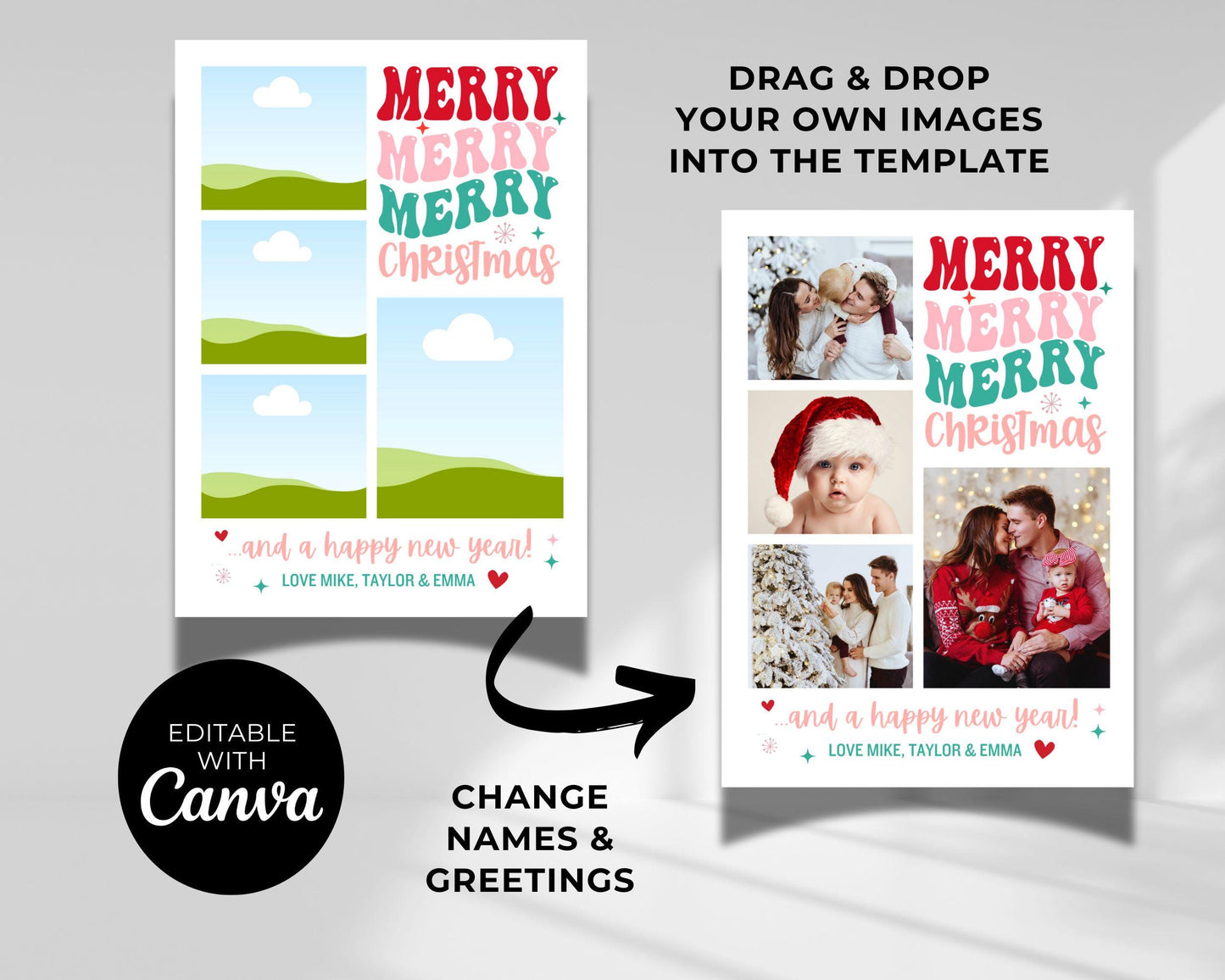 Photo Merry Christmas Happy New Yard Card, Custom Holiday Greeting Card, Family Photo Christmas Card Digital Download, DIY Editable Template