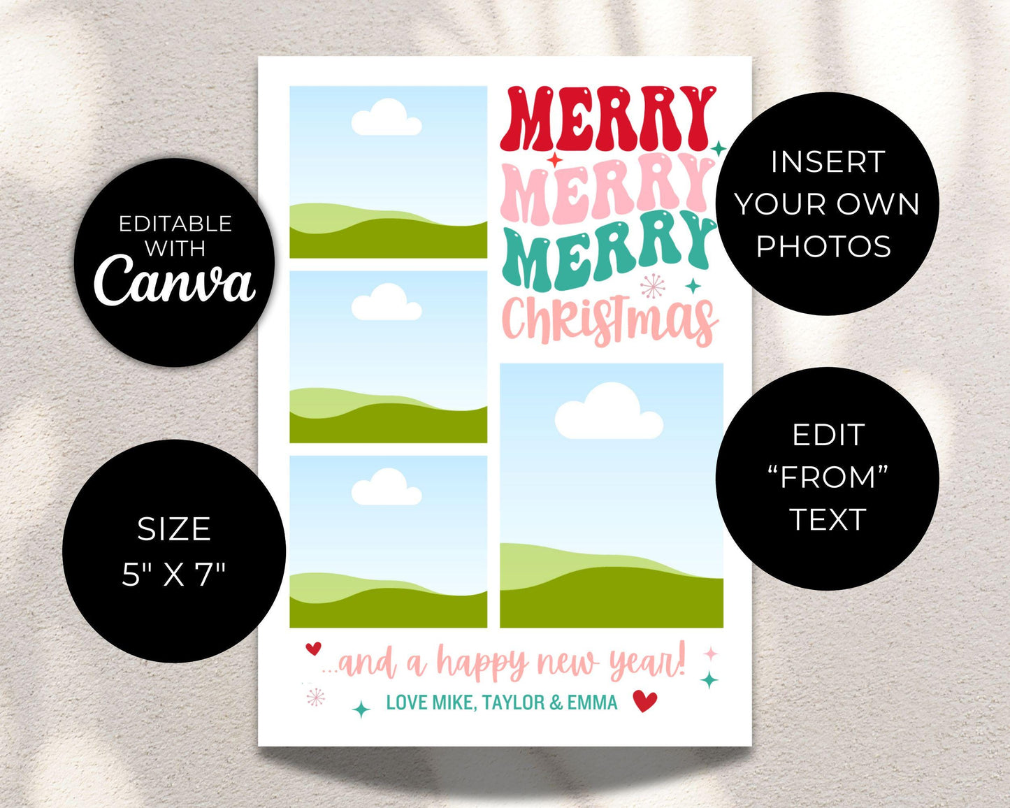 Photo Merry Christmas Happy New Yard Card, Custom Holiday Greeting Card, Family Photo Christmas Card Digital Download, DIY Editable Template