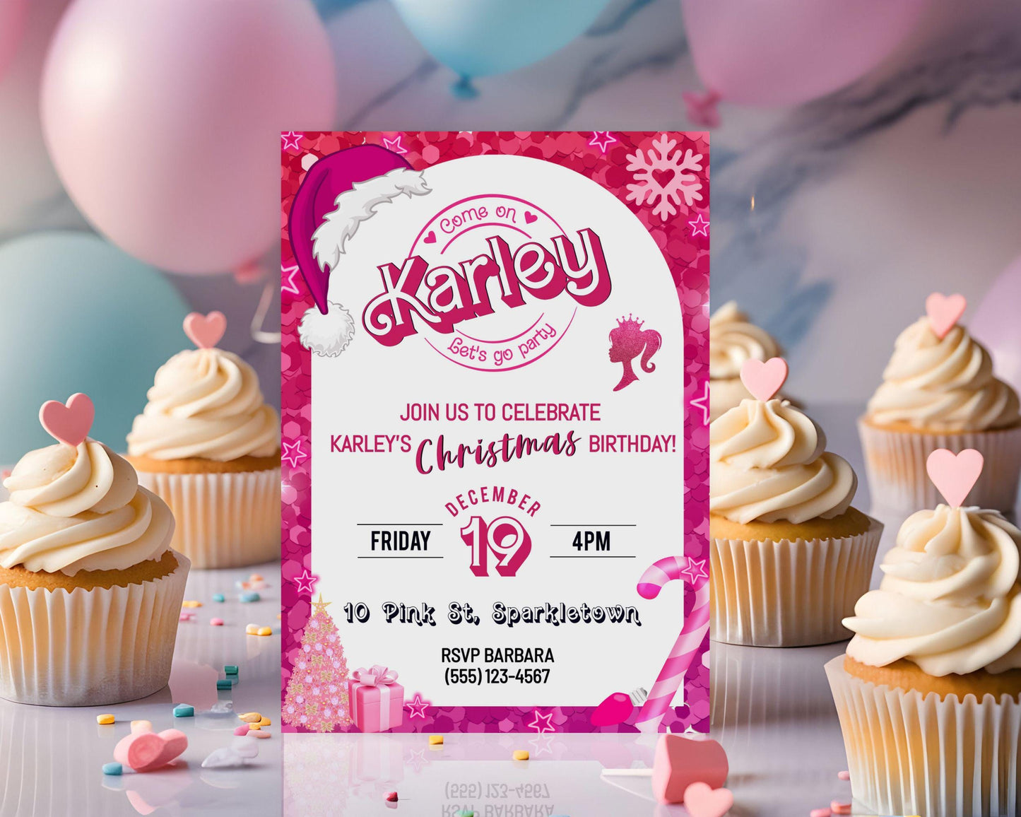 Pink Fashion Doll Christmas Birthday Party Invitation, Girl Invitation, Pink Sparkle Invite, Instant Digital Download, DIY Editable Template