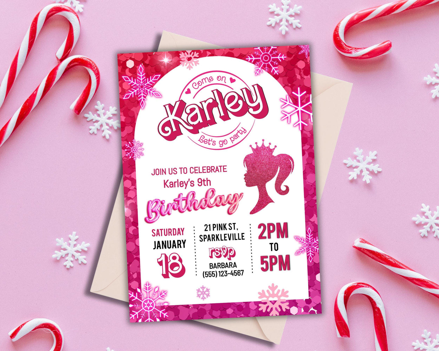 Pink Fashion Doll Winter Birthday Party Invitation, Girl Invitation, Pink Sparkle Invite, Instant Digital Download, DIY Editable Template