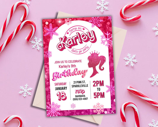 Pink Fashion Doll Winter Birthday Party Invitation, Girl Invitation, Pink Sparkle Invite, Instant Digital Download, DIY Editable Template