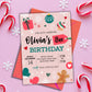 Christmas Birthday Party Invitation, Winter Holiday Girl Bday Invitation, Red Green Pink White Invite, Snowflake Evite,DIY Editable Template